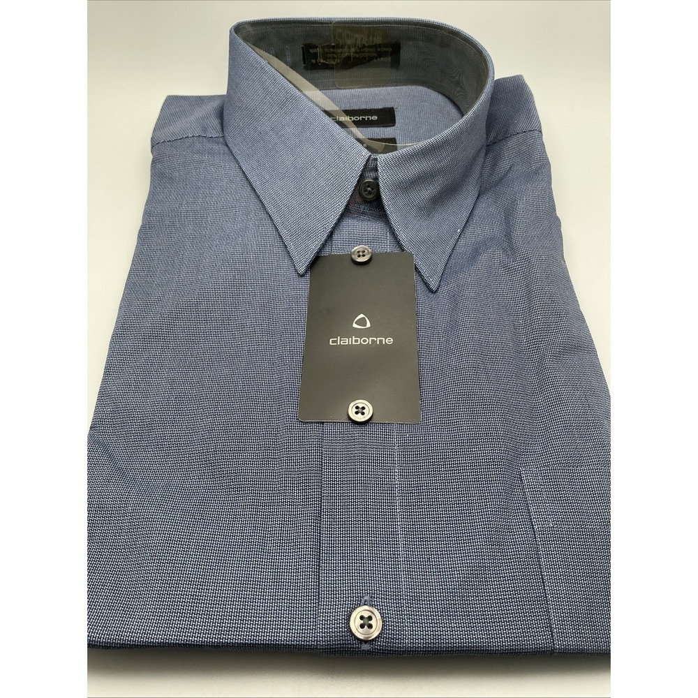 NWT Claiborne Dress Shirt Size L 16.5‎ x 32/33 Blue 100% Cotton T-Weave